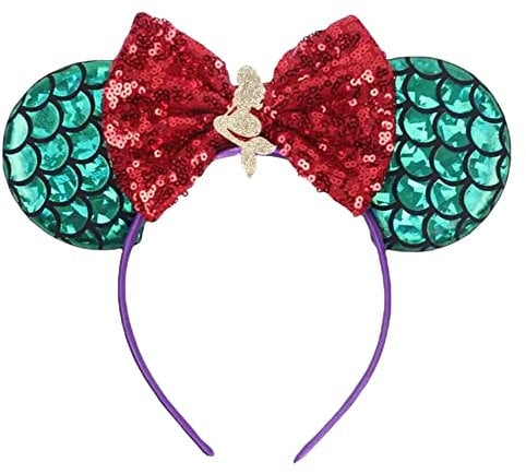 Ariel Little Mermaid Sequin Minnie Mouse Inspired Alice Headband With Big 5 Sequin Top Bow Handmade