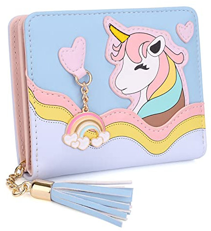 UTO Portefeuille Petites Filles Femmes Porte-Monnaie Mignonnes Cuir végétalien timifles de Carte Pendentif Kawaii Licorne Monnaie Sac à Main Bleu