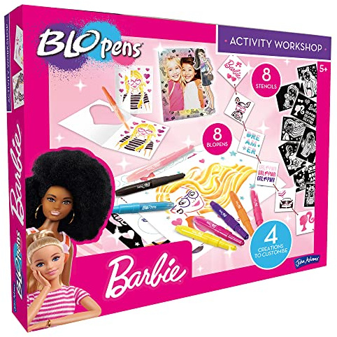 John Adams BLOPENS® Barbie Activity Set | 8 BLOPENS, 8 Stencils & 4 Customisable Creations | A New Way to Colour | Age 5+ | Great Gift Idea for Birthday & Christmas for Kids | Washable & Non-Toxic