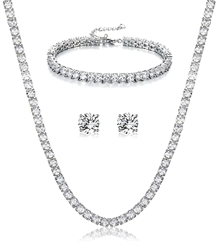 Clearine Tennis Halskette Ohrstecker und Armband Set rund Zirkonia Tennis-Schmuckset für Damen klar Silber-Ton