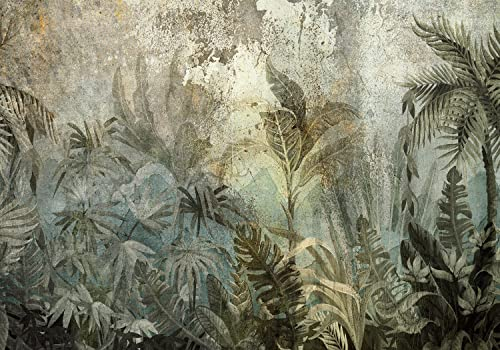 decomonkey Fototapete selbstklebend Dschungel 196x140 cm Selbstklebende Tapeten Wand Fototapeten Tapete Wandtapete klebend Klebefolie Deko Modern Natur Pflanzen Blätter Beton Optik Grün Grau Beige