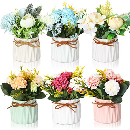 6 Stück künstliche Hortensien Blumen mit Vase Faux Hortensien Blumen Kunststoff Hortensien Blumenstrauß mit kleiner Keramikvase Gefälschte Hortensien Blume Topf für Home Office Party Festival Hochzeit