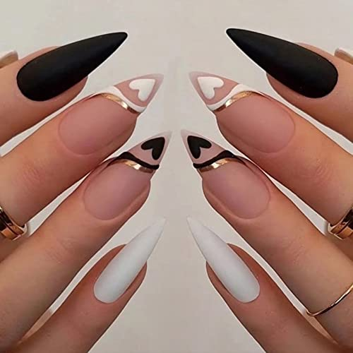Yatinkim 24 Stück Schwarz Almond Gefälschte Künstliche Nägel Drücken Auf Den Nägeln Falsche Fingernägel Acryl Nette Frauen Mädchen Stick Full Cover