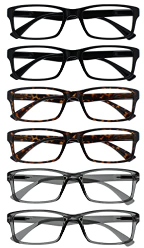 OPULIZE PEP Lesebrille für Damen und Herren - 6er Pack- Große Rechteckige Brille - Komfortable Federscharniere - Kratzfest - Schwarz Braun Grau +2.50