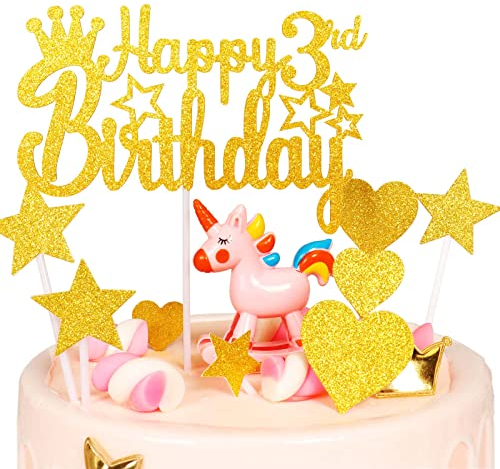 Tortendeko 3 Geburtstag Gold Junge Mädchen Double-sided, 7Stück 3. Kuchendeko Geburtstag Gold, Happy 3rd Birthday Deko Torte Kuchen Deko Cake Topper für 3 Geburstagstorte Deko Jungen Mädchen