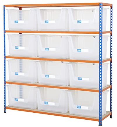 BiGDUG Stacking Storage Bins Shelving Kit - 8X 50L Clear Plastic Pick Bins - 160h x 122w x 45.5d cm Blue & Orange Shelving Unit - Up to 200kg UDL Per Shelf - Open Front for Easy Picking