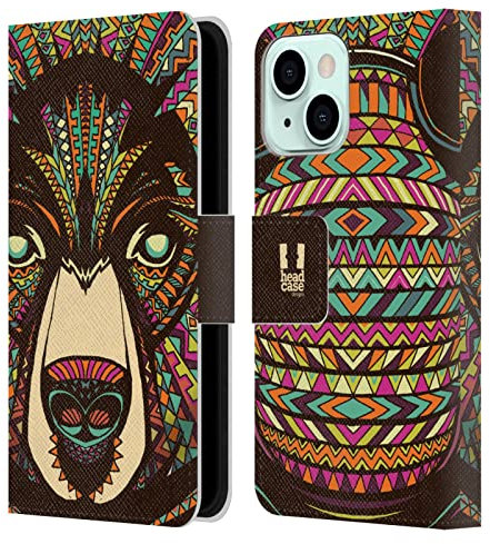Head Case Designs Oso Caras Animales Aztecas 2 Carcasa de Cuero Tipo Libro Compatible con Apple iPhone 13 Mini