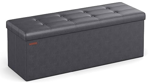 SONGMICS Storage Ottoman, Foldable Small Ottoman Foot Rest, 38 x 110 x 38 cm, Cube Ottoman with Storage, Load up to 300 kg, for Living Room, Bedroom, Entryway, Slate Grey LSF070G20