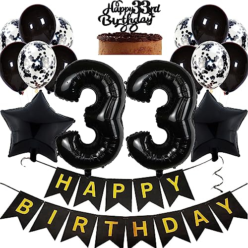 Feelairy Geburtstagsdeko 33 Jahre Frauen, Luftballon 33. Geburtstag Deko Männer, Schwarz Tortendeko Happy 33th Birthday Deko 33 Jahre Frau, Ballon 33. Geburtstag Mann Party Dekoration Set