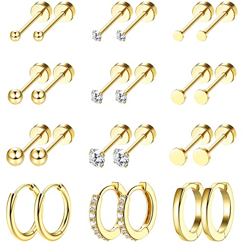 Morfetto 12 Paar winzige Ohrstecker 18 Karat vergoldeter Edelstahlohrring Sets für mehrere Piercings Kleine fadenlose flache Rückenohrringe Knorpel-Creolen Gold B