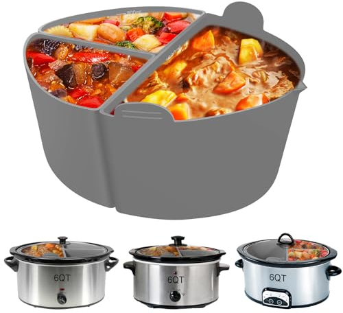 LARMAZEN Slow Cooker Trennwand für 6 QT Crockpot, 3-in-1 wiederverwendbarer und auslaufsicherer Silikontopf mit 2 Anti-Heiß-Handschuhen für 6 Quart Topf, spülmaschinenfest, BPA-frei