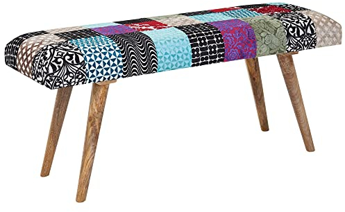 möbelando Sitzbank Samt/Massivholz Bank Bunt 117x51x38 cm Bettbank Patchwork | Design Polsterbank Flur Modern | Gepolsterte Stoffbank Esszimmer | Flurbank ohne Lehne