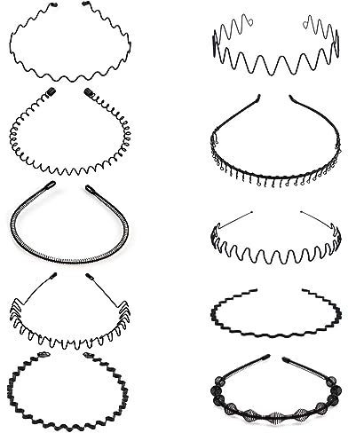 10 Pièces Bandeaux en Métal,Multi-Style Métal Cerceau de Cheveux,pour la Maison, L'extérieur, Le Sport et le Yoga(Noir)