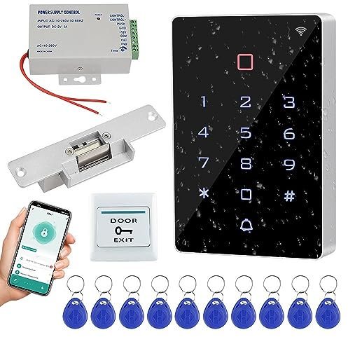 Gaocinys WIFI Tuya APP Access Control System Kit Tastiera di controllo accessi RFID, alimentazione 12VDC, serratura catodica elettrica Fail-Secure, pulsante interruttore porta, chiavi RFID 125KHz