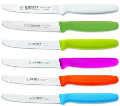 Giesser Messer 6er Set bunt Tomatenmesser Brötchenmesser Allzweckmesser 11cm Wellenschliff 3mm - weiß hellgrün limette pink orange hellblau