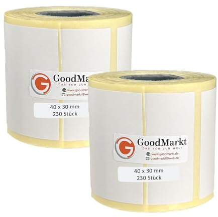 GoodMarkt Thermodirekt Etiketten selbstklebend | 40x30 mm 2 Rolle, weiß, 460 Etiketten | Kompatibel mit Brother, Zebra | Haushaltsetiketten, Barcodeetiketten, Marmeladenetiketten