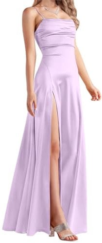 Damen Satin Brautjungfernkleider Lang mit Schlitz Formelles Abendkleid, Flieder, 32