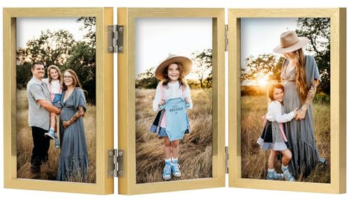 Bilderrahmen 13x18 cm, Gold, Dreifach-Bilderrahmen Collage 13x18 cm aus Holz mit Glasfront, Fotorahmen klappbarer Standfuß für vertikale Aufstellung auf dem Schreibtisch
