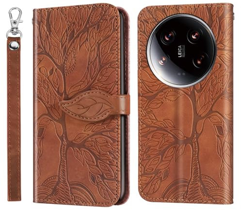 Vkooer Coque pour Xiaomi 14 Ultra 5G Housse Premium Cuir PU Étui Flip Portefeuille à Rabat Poches Case avec Porte Cartes et Magnétique pour Xiaomi 14 Ultra Smartphone, Brun