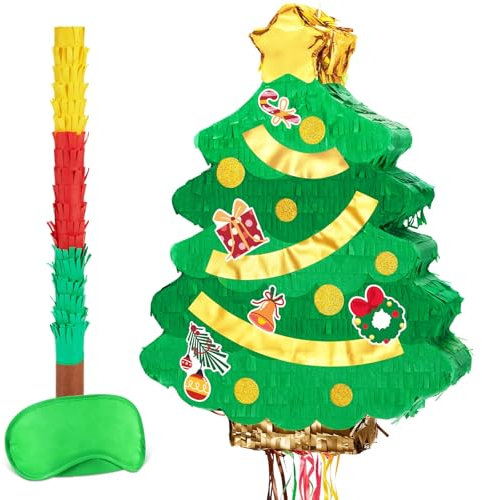 WERNNSAI Weihnachts Piñata mit Zugschnur und Augenbinde süße Fledermaus Weihnachtsbaum für Weihnachtsparty Spiele Grün Weihnachtsparty Dekor 34 x 43 cm Weihnachts Geschenke für Kinder