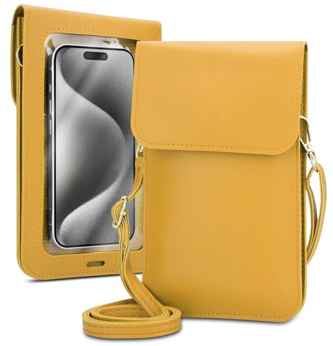Cadorabo Handytasche zum Umhängen universal -alle Smartphones bis Größe 7 Zoll maximal- kleine Handtasche mit Handyfach und Sichtfenster, Handy Umhängetasche mini, 2 Fächer, Touch, PU Leder, GELB