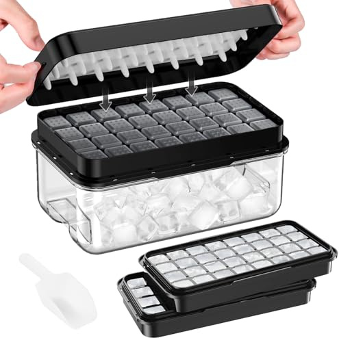 PHINOX - Vassoio per cubetti di ghiaccio con coperchio e bidone, 64 pezzi, per congelatore, con 2 vassoi, contenitore, coperchio e paletta per ghiaccio, senza BPA, nero