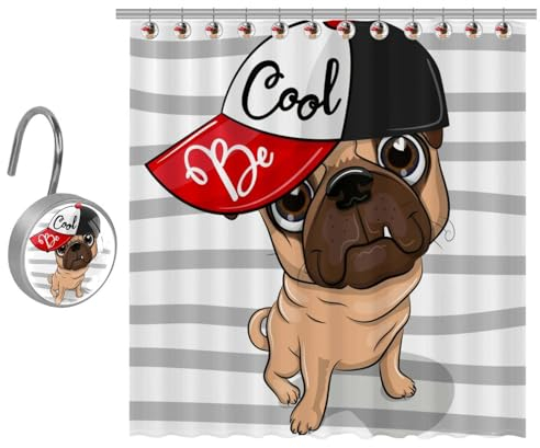 VAPOKF Duschvorhang mit coolem Hut, Mops-Motiv, Polyester, Duschvorhang-Set mit 12 Edelstahl-Haken für Badezimmer, rustikales Bauernhaus, 182 x 182 cm