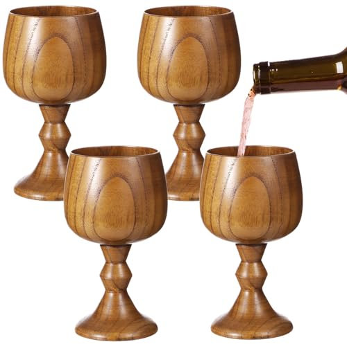 Lot de 4 verres à vin vintage en bois de 145 ml, gobelets médiévaux en bois massif, verres à eau potable rétro pour cuisine, fête