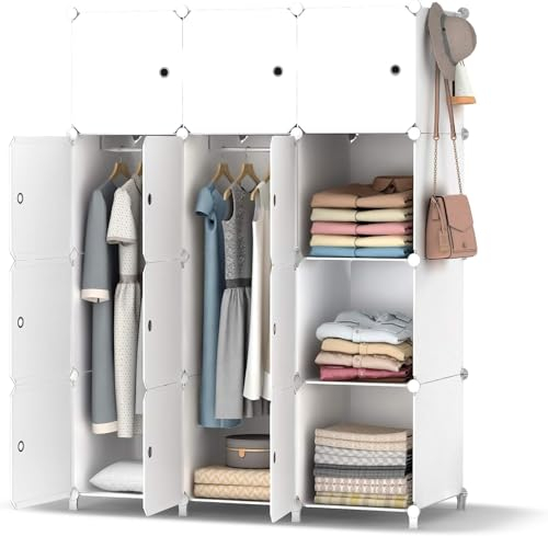 HOMIDEC Kleiderschrank, Kleiderschrank Weiss Tragbarer Regalsystem,12 Würfel Schrank aus Kunststoff mit 3 Kleiderstange, Schlafzimmerschrank kleiderschrank Weiss für Schlafzimmer (Ganz Weiß)