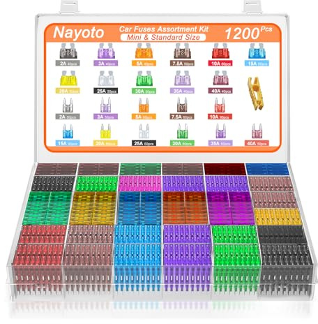 Nayoto 1200pcs Car Fuses Assortment Kit, 520PCS Standard Fuse Kit & 680PCS Mini Fuses + 1 Puller for Auto/RV/Truck/Motorcycle/Yacht (2A 3A 5A 7.5A 10A 15A 20A 25A 30A 35A 40A)