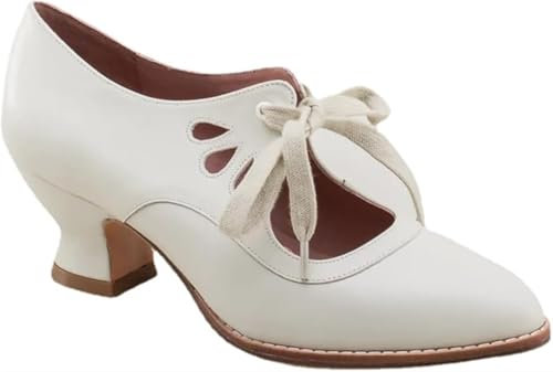 Women's Mary Jane Pumps Vintage Chunky Heel Lace Up High Heel Ladies Hollow Pointed Toe Dress Shoes for Daily(White,5 UK)