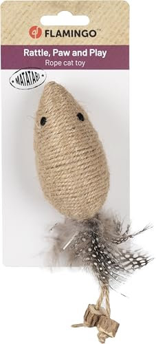 Flamingo Jouet pour Chat Yutsa Rat Marron en Matatabi et Jute avec Bruit, Rubans et Plumes 18cm