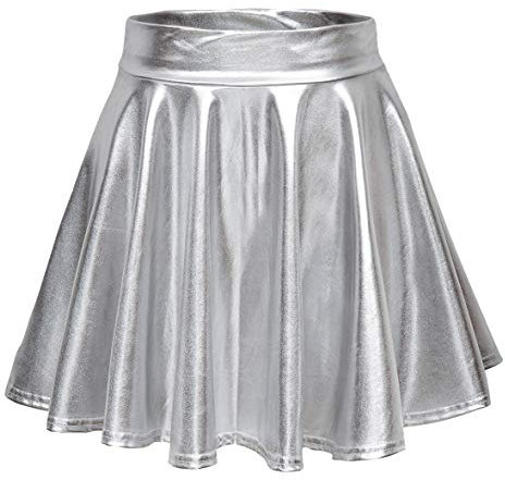 Damen Glänzend Höhe Taille Liquid Mini Rock Metallisch Elastische Taille A-Linien Pull On Skater Röcke (XS, Silber)