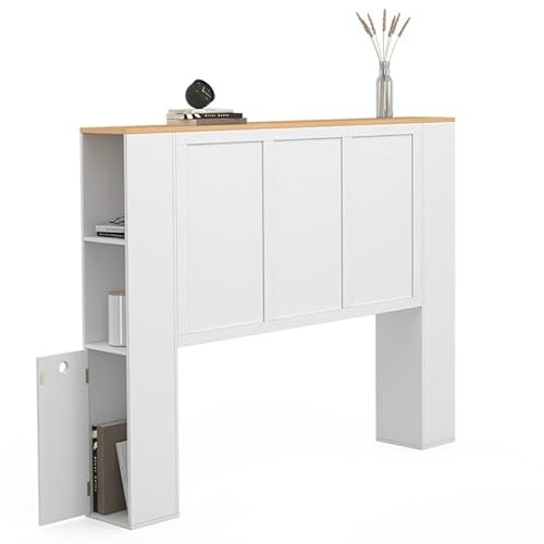 IDMarket - Tête de lit sur Pied VITO 145 cm avec rangements Blanc et Plateau Bois