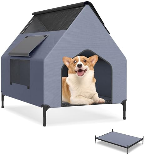 UISEBRT 2 in 1 Hundeliege überdacht & erhöhtes Hundebett mit abnehmbarem Deckel, Outdoor Hundezelt für kleine und mittelgroße Hunde bis 60 kg, ideal für Garten, 109.5 x 74.5 x 93 cm