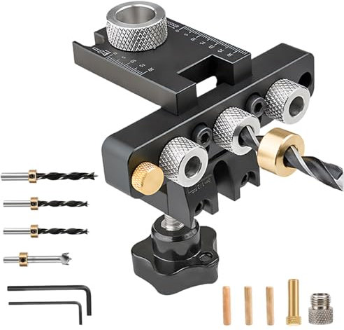 3-in-1 Bohrschablone Möbelbau, Holzdübel Bohrschablone mit 8/10/15mm Dübellöcher Positionierungsclip Einstellbare Bohrer Perforator für Die Holzbearbeitung DIY Panel Möbel Installation