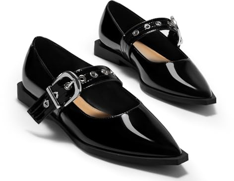 Coutgo Mary Jane Ballerinas für Damen, geschlossen, spitzer Zehenbereich, flach, Nieten, Metall, verstellbare Schnalle, Anzugschuhe, Schwarz, 38 EU