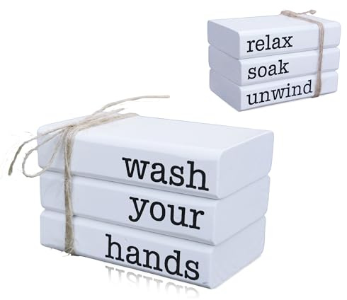 GNIYNAY Farmhouse Mini Bookstack for Bathroom Decor Wooden Books for Restroom Shelf Decorative Accent for Guest Bathroom Mini Sign, Reversible - Wash Your Hands/Relax Soak Unwind