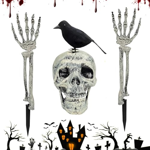 Halloween Deko Horror Skelett, Gruseliger Skeleton, 4 Stück Halloween Grausigkeit Schädel Deko, Gefälschte Skeleton Schädel+Skelett-Hände+Horror Krähen, als Friedhofs-Deko für den Garten beweglich