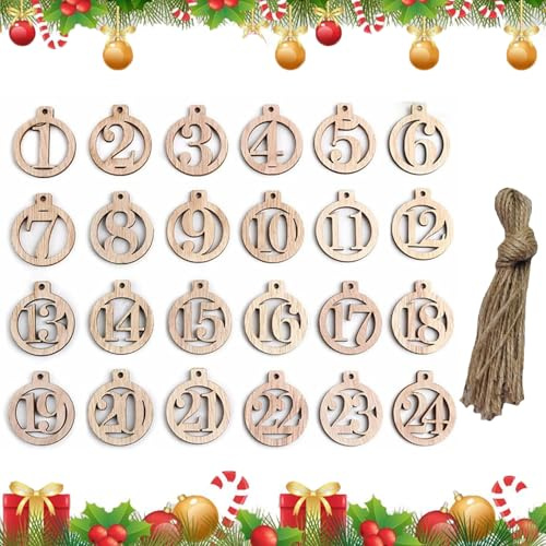 Adventskalender zum Basteln Zahlen Holzanhänger Runder Holzziffern Weihnachtsanhänger 1-24 Weihnachten Countdown Zahlen,Nummer Holzkalender,für Weihnachten Kalender zum Selber Basteln und Verzieren