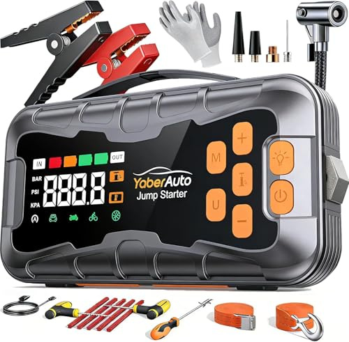 16-In-1 Avviatore Batteria Auto con Compressore 160PSI 9000A 27000mAh, Tutto Gas/14.0L Diesel Avviatore Emergenza per Auto/Moto 12V, YaberAuto Booster Avviamento Portatile Starter Batteria