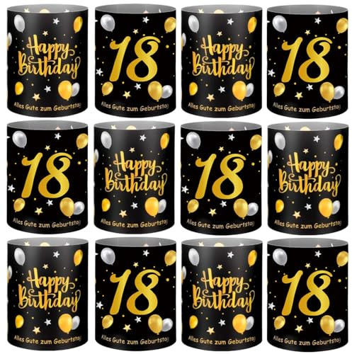 12 Stück Windlicht Tischdeko 60 Geburtstag Happy Birthday Tischdekoration Teelichter Oder Kerzen Deko Schwarz Gold für Männer Frauen (12, 18)