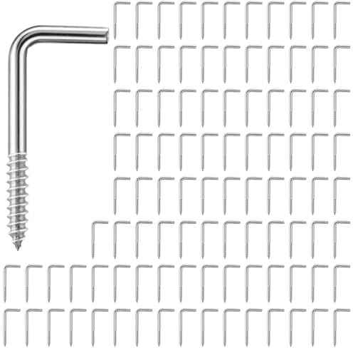 JoyEcho Lot de 100 Crochets à Visser en L, Vis à Angle Droit Crochet Galvanisé pour Suspension - 34 x 14mm (Diamètre 2,7 mm), Pour Photo, Décoration, Outils et Objets Décoratifs