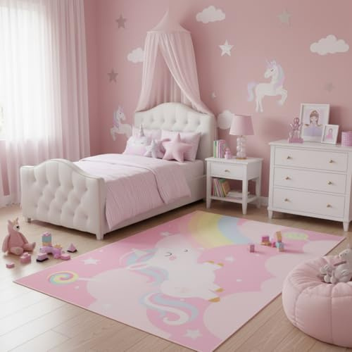 TAPISO Joy Kinderteppich Rosa Pink Einhorn Regenbogen 80 x 150 cm | Teppich für Kinder Mädchen Spielteppich Kinderzimmer Weich Rutschfest Pflegeleicht Pädagogisch & Farbenfroh