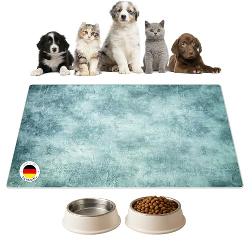 Napfunterlage | Futtermatte für Hunde und Katzen „Urbane türkis-Blaue Kunst“ aus Premium Vinyl - 60x40 cm – rutschhemmend, abwaschbar, reißfest - Made in Germany
