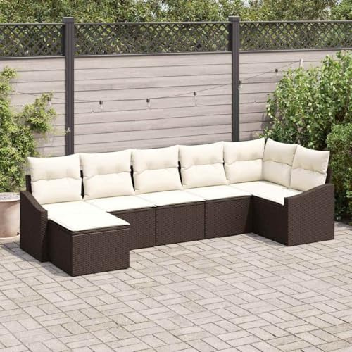 YuuSsea Garten Sofa Set 7-teilig, Braun Poly Rattan Lounge Gruppe mit Kissen, Höhenverstellbarer Tisch für Terrasse, UV-beständig, Wetterfest, Modular