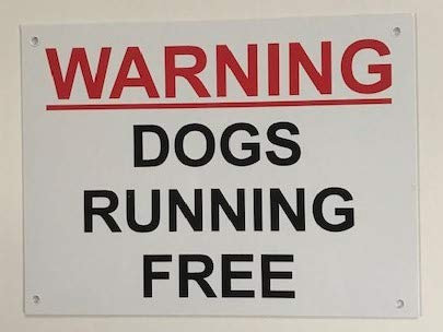 Warning Dogs Running Free Pre-Drilled Plastic Sign 200mm x 150mm Red and Black.