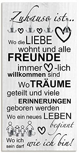 ARTLAND Wandgarderobe Garderobenpaneel Holz mit 6 Haken 60x120 cm Design Garderobe mit Motiv Spruch Liebe Familie Zuhause Grau T9IR