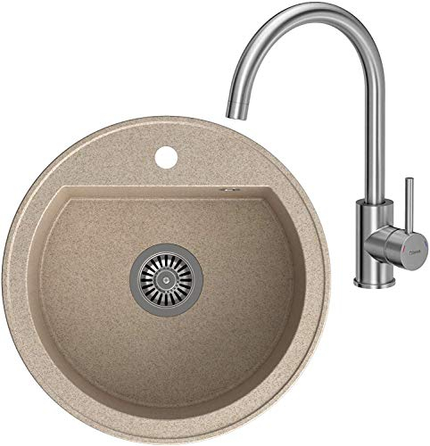 VBChome Spüle Granit 51 cm Einbauspüle Küchenspüle Beige gesprenkelt + Siphon Waschbecken + 360°drehbar U- Form Wasserhahn Küchenarmatur Einhebel Mischbatterie Kalt-warm