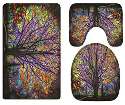 A.Monamour Bright Painting Picture Colorful Forest Tree With Birds Psychedelic Print Soft Flannel Cloth Toilet Seat Covers Toilet Lid Covers Cushions Bath Mat Rug Toilet Accessories